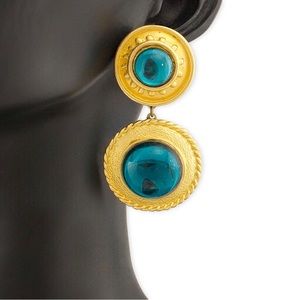 Vintage Cabochon Clip On Earrings Teal Blue Green Acrylic Gold Tone
